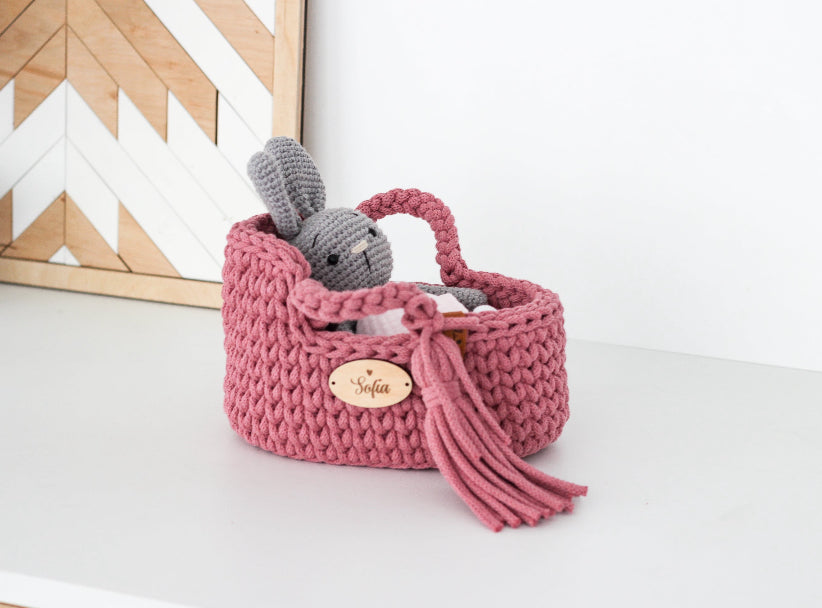 SET OF 22cm MINI DOLL MOSES BASKET + BUNNY + LINENS | NATURAL