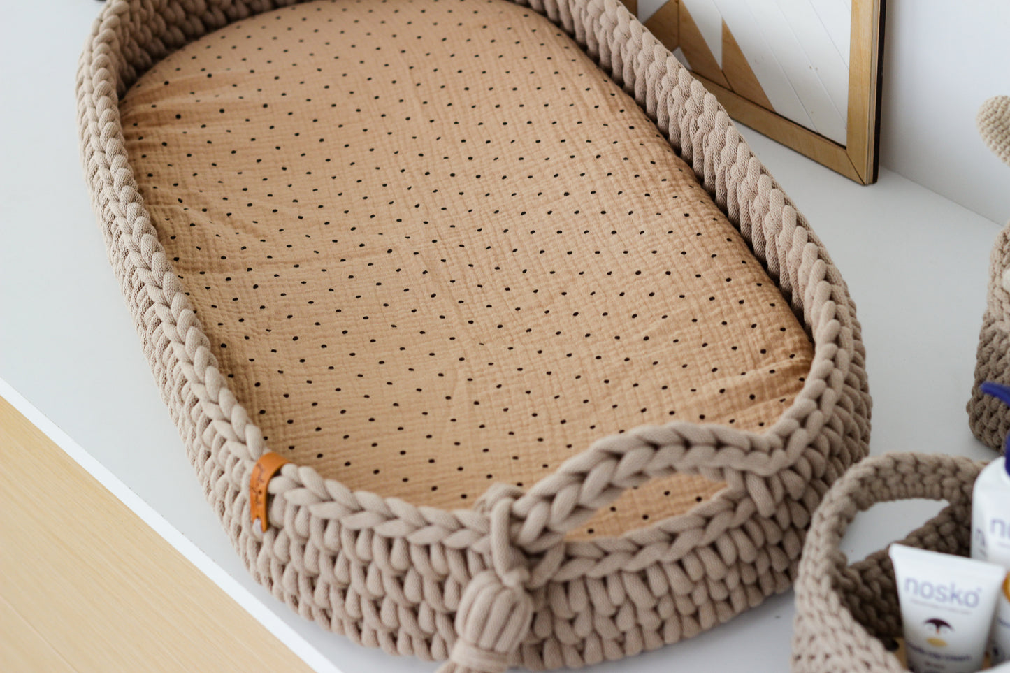 MUSLIN FITTED SHEET | DOTS on CARAMEL
